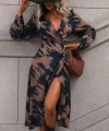 Kadın Uzun Kollu Kruvaze Yakalı Yandan Bağlamalı Desenli Mini Modal Elbise