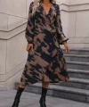 Kadın Uzun Kollu Kruvaze Yakalı Yandan Bağlamalı Desenli Mini Modal Elbise
