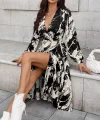 Kadın Uzun Kollu Kruvaze Yakalı Yandan Bağlamalı Desenli Mini Modal Elbise