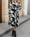 Kadın Uzun Kollu Kruvaze Yakalı Yandan Bağlamalı Desenli Mini Modal Elbise