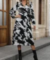 Kadın Uzun Kollu Kruvaze Yakalı Yandan Bağlamalı Desenli Mini Modal Elbise