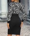 Kadın Uzun Kollu Kruvaze Yakalı Zebra Desenli Kısa Krep Elbise