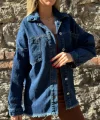 Kadın Uzun Kollu Kuş Gözü Cep Detay Uzun Salaş Kot Ceket