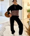 Kadın Uzun Kollu Leopar Detay weat Ve Yanı Leopar şerit Detay Pantolon Ikili Takım