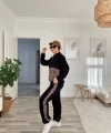 Kadın Uzun Kollu Leopar Detay weat Ve Yanı Leopar şerit Detay Pantolon Ikili Takım
