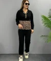Kadın Uzun Kollu Leopar Detay weat Ve Yanı Leopar şerit Detay Pantolon Ikili Takım