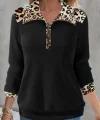 Kadın Uzun Kollu Leopar Yakalı Fermuarlı Waffle Bluz