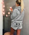 Kadın Uzun Kollu Meow Kedi Nakışlı Kapşonlu Peluş Sweat Ve Short Ikili Takım