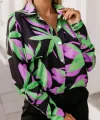 Kadın Uzun Kollu Metal Düğme Detay çiçek Baskılı Mosskrep Kumaş Gömlek