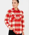 Kadın Oduncu Gömlek – Uzun Kollu, Şardonlu Kumaş, Kırmızı Beyaz Kareli Desen, Regular Fit, Çift Cepli, Manşetli Günlük Şık Stil - Bordo