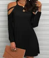 Kadın Uzun Kollu Omuz Açık Askı Detay Viskon Mini Boy Elbise