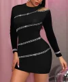 Kadın Uzun Kollu Omuz Pencere Detay Taş Işlemeli Dalgıç Mini Elbise