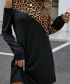 Kadın Uzun Kollu Omuzdan Açık Leopar Desenli Viskon Iki Iplik Mini Elbise