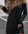 Kadın Uzun Kollu Omuzdan Açık Leopar Desenli Viskon Iki Iplik Mini Elbise
