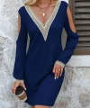 Kadın Uzun Kollu Omuzdan Açık V Dantel Yakalı Mini Waffle Elbise