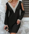 Kadın Uzun Kollu Omuzdan Açık V Dantel Yakalı Mini Waffle Elbise