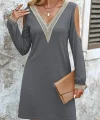 Kadın Uzun Kollu Omuzdan Açık V Dantel Yakalı Mini Waffle Elbise