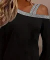 Kadın Uzun Kollu Omuzdan Askılı Sim Detaylı Viskon Iki Iplik Bluz