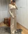 Kadın Uzun Kollu Omuzlardan Açık Asimetrik Kesim Kaşkorse Bluz Ve Pantolon Ikili Pantolon