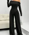 Kadın Uzun Kollu Omuzlardan Açık Asimetrik Kesim Kaşkorse Bluz Ve Pantolon Ikili Pantolon