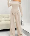 Kadın Uzun Kollu Omuzlardan Açık Asimetrik Kesim Kaşkorse Bluz Ve Pantolon Ikili Pantolon