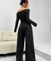Kadın Uzun Kollu Omuzlardan Açık Asimetrik Kesim Kaşkorse Bluz Ve Pantolon Ikili Pantolon