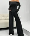 Kadın Uzun Kollu Omuzlardan Açık Asimetrik Kesim Kaşkorse Bluz Ve Pantolon Ikili Pantolon