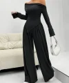 Kadın Uzun Kollu Omuzlardan Açık Asimetrik Kesim Kaşkorse Bluz Ve Pantolon Ikili Pantolon