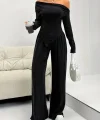 Kadın Uzun Kollu Omuzlardan Açık Asimetrik Kesim Kaşkorse Bluz Ve Pantolon Ikili Pantolon