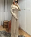 Kadın Uzun Kollu Omuzlardan Açık Asimetrik Kesim Kaşkorse Bluz Ve Pantolon Ikili Pantolon
