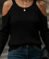 Kadın Uzun Kollu Omuzlardan Açık Askılı Yuvarlak Yaka Triko Bluz