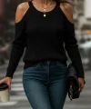 Kadın Uzun Kollu Omuzlardan Açık Askılı Yuvarlak Yaka Triko Bluz