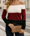 Kadın Uzun Kollu Omuzlardan Açık Uzun Kollu Blok çizgili Triko Bluz