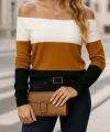 Kadın Uzun Kollu Omuzlardan Açık Uzun Kollu Blok çizgili Triko Bluz