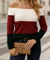 Kadın Uzun Kollu Omuzlardan Açık Uzun Kollu Blok çizgili Triko Bluz