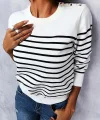 Kadın Uzun Kollu Omuzu Düğme Detay çizgili Triko Kazak