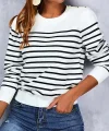 Kadın Uzun Kollu Omuzu Düğme Detay çizgili Triko Kazak