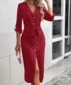 Kadın Uzun Kollu önden Düğmeli Beli Kuşaklı Aerobin Midi Elbise