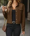 Kadın Uzun Kollu önden Düğmeli Kısa Süet Ceket