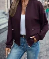 Kadın Uzun Kollu önden Fermuarlı Cepli Modal Mürdüm Ceket
