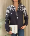 Kadın Uzun Kollu önden Fermuarlı çiçek Desenli şardonlu Dalgıç Bluz