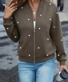 Kadın Uzun Kollu önden Fermuarlı Incili Kısa Modal Ceket