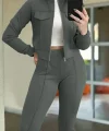 Kadın Uzun Kollu önden Fermuarlı Kısa Modal Ceket Ve Pantolon Ikili Takım