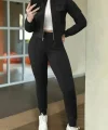 Kadın Uzun Kollu önden Fermuarlı Kısa Modal Ceket Ve Pantolon Ikili Takım