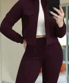 Kadın Uzun Kollu önden Fermuarlı Kısa Modal Mor Ceket Ve Pantolon Ikili Takım
