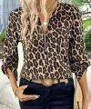 Kadın Uzun Kollu önden Fermuarlı Leopar Desenli Modal Bluz