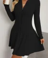 Kadın Uzun Kollu önden Fermuarlı Pileli şardonlu Kaşkorse Mini Elbise