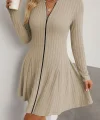 Kadın Uzun Kollu önden Fermuarlı Pileli şardonlu Kaşkorse Mini Elbise