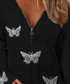 Kadın Uzun Kollu önden Fermuarlı Taşlı Kelebek Desenli Viskon Bluz
