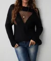 Kadın Uzun Kollu önden File Görünümlü Dekolte Detay Triko Kazak